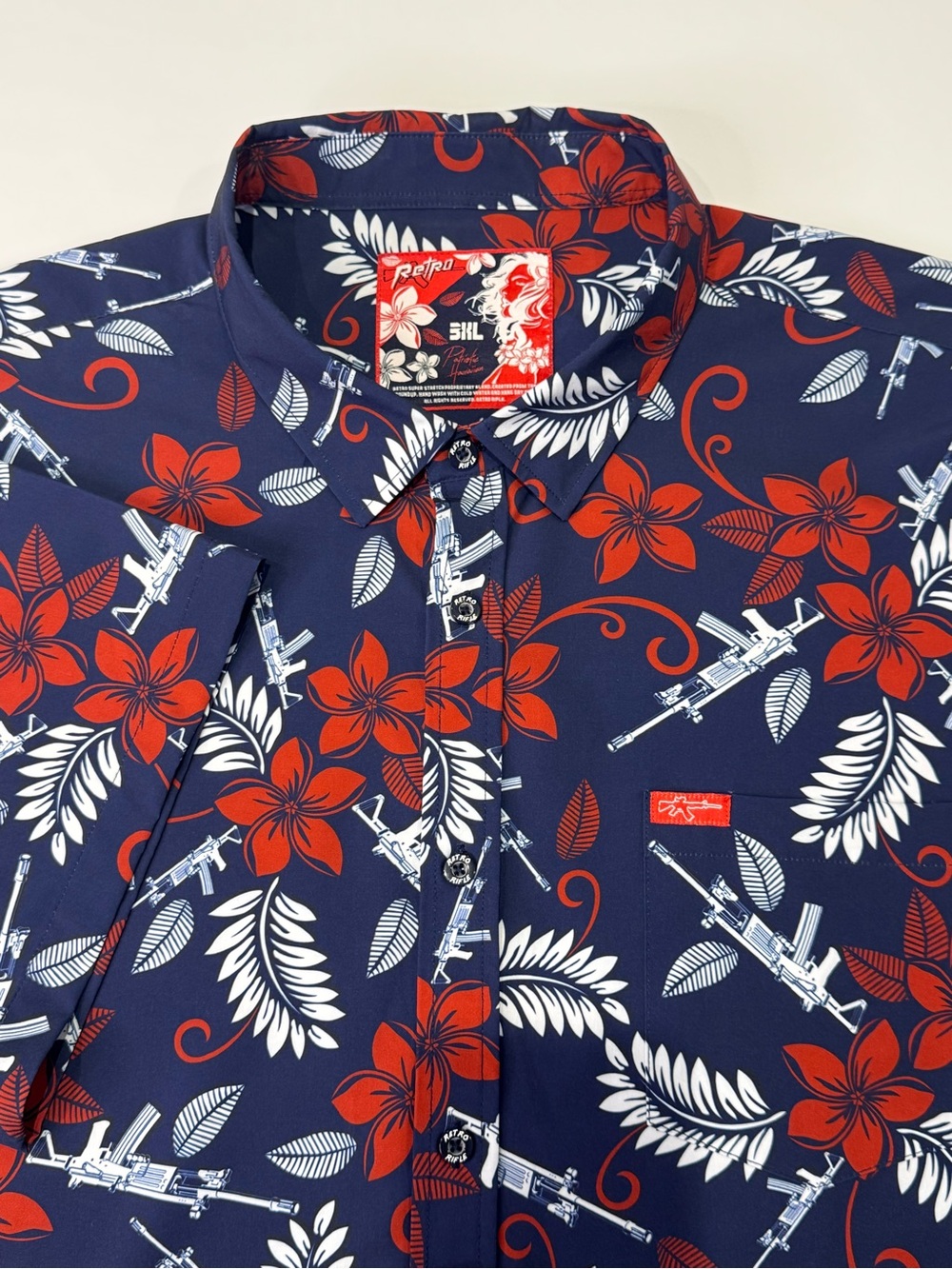 Retro Rifle Men's 3XL Patriotic Hawaiian Gun Tropical Floral Red White Blue